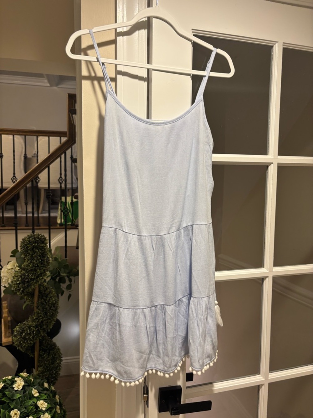 Women's Light Blue Tiered Sundress/Beach Cover w/Pom Pom Trim - So cute! Size L